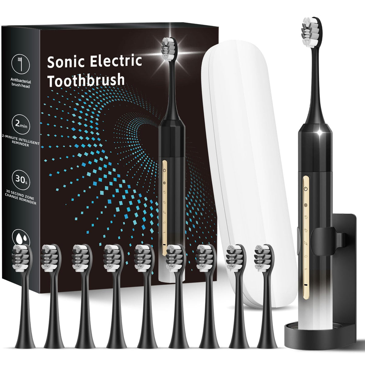 Black White Electric Toothbrush with 10 Brush Heads E69559