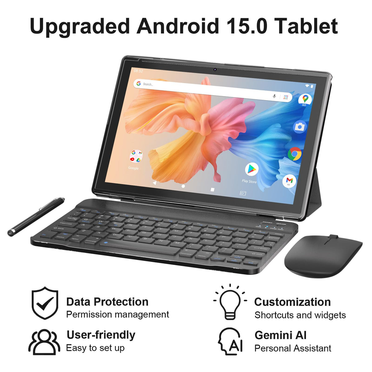 Android 14 2 in 1 Tablet with Keyboard 10 inch 8GB+64GB Black H401325