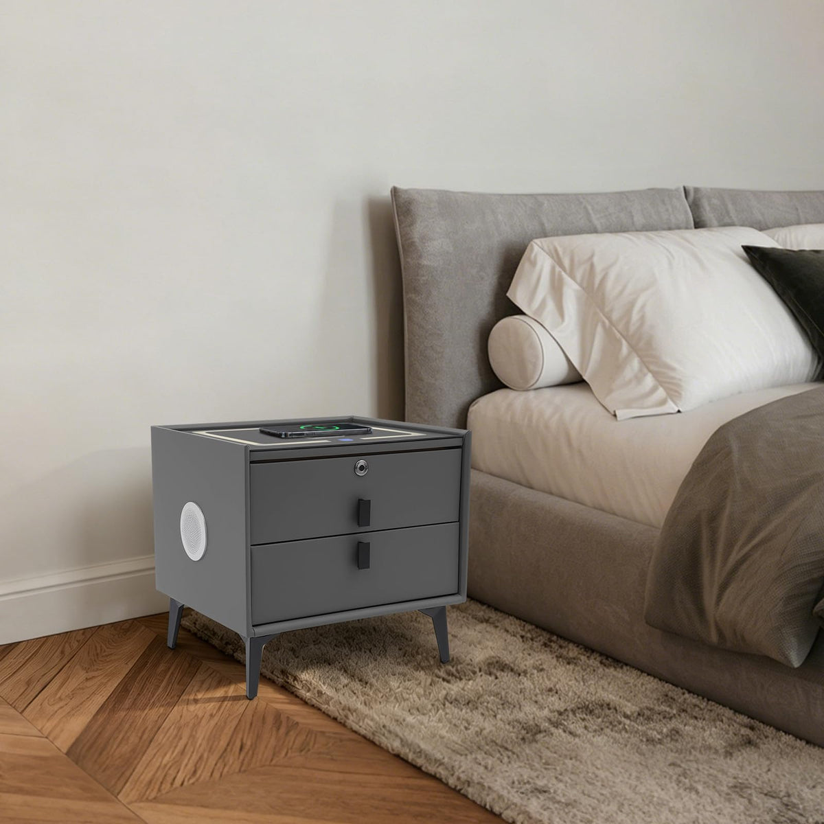 Smart Nightstand with Fingerprint Lock, Wireless Charging & 2-Drawer E6254
