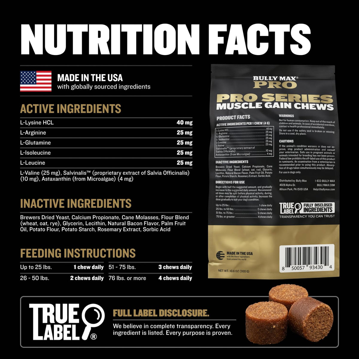 11-in-1 Dog Muscle Builder Power Chews - High Protein Supplement with Amino Acids - 75 Soft Chews H3774