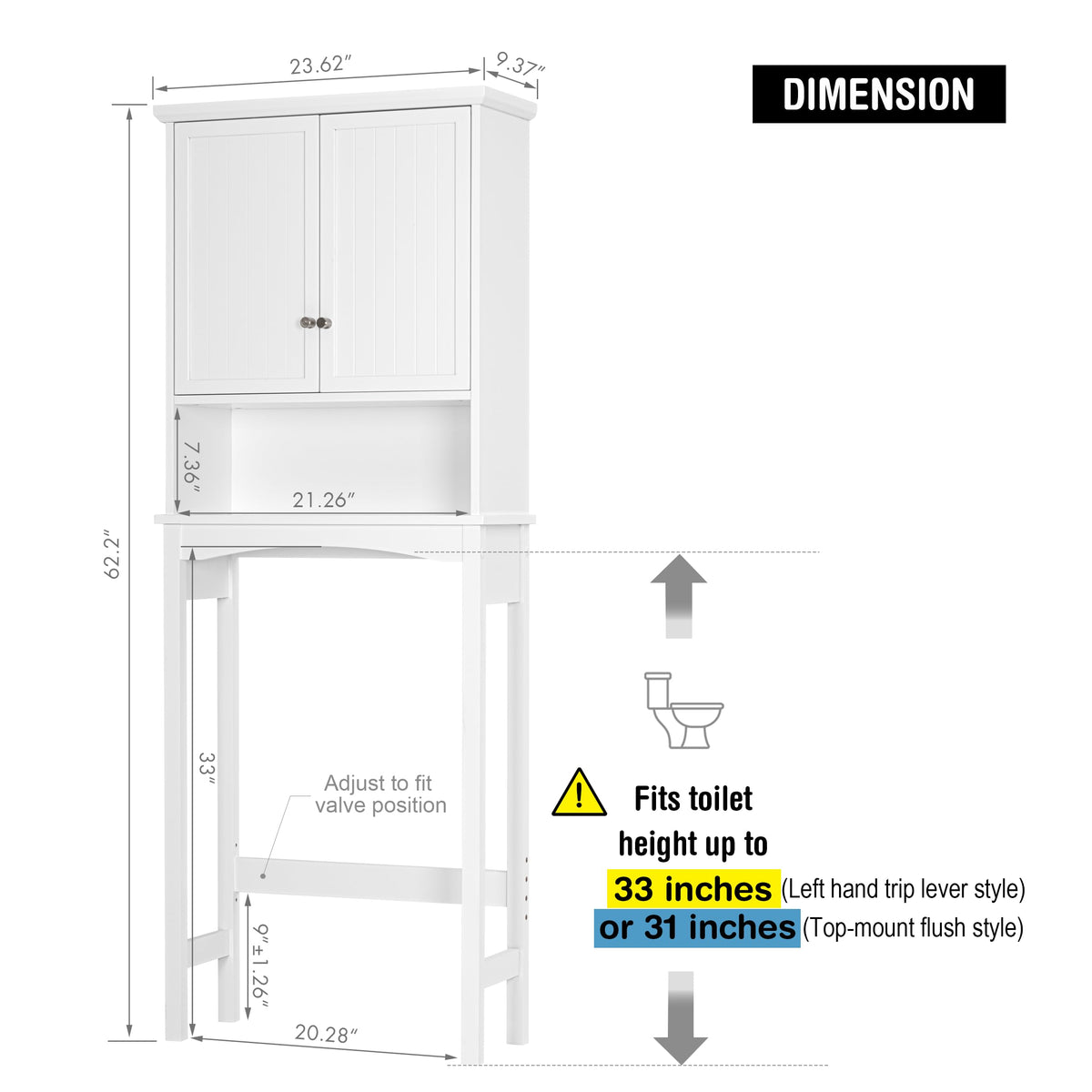 Over the Toilet Storage Cabinet with Doors, Adjustable Shelf, White J18313