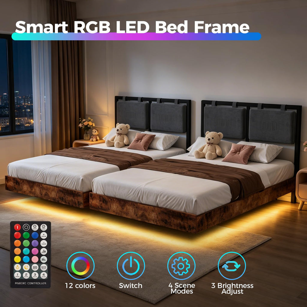Full Size Floating Bed Frame with LED Lights and Adjustable Headboard V799021