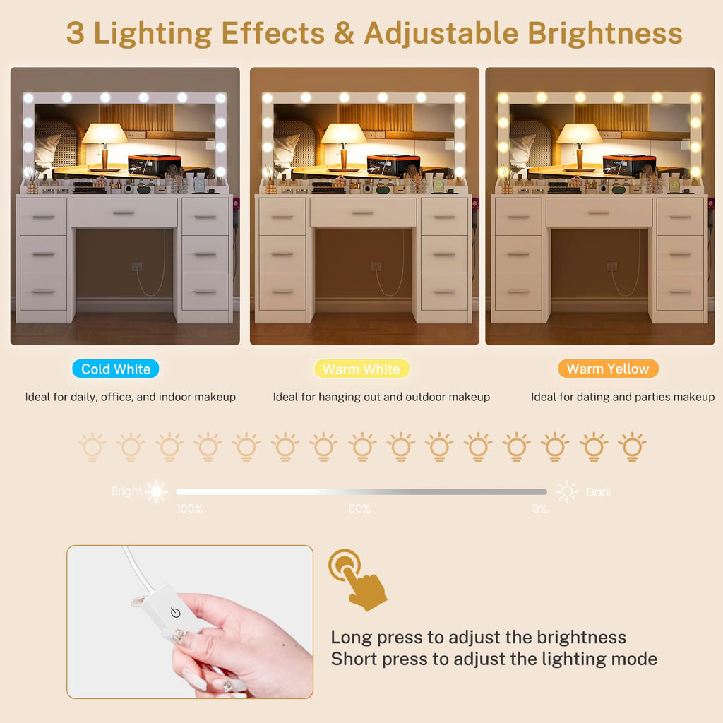 White Vanity Desk with 12 LED Lights and 7 Drawers K9359