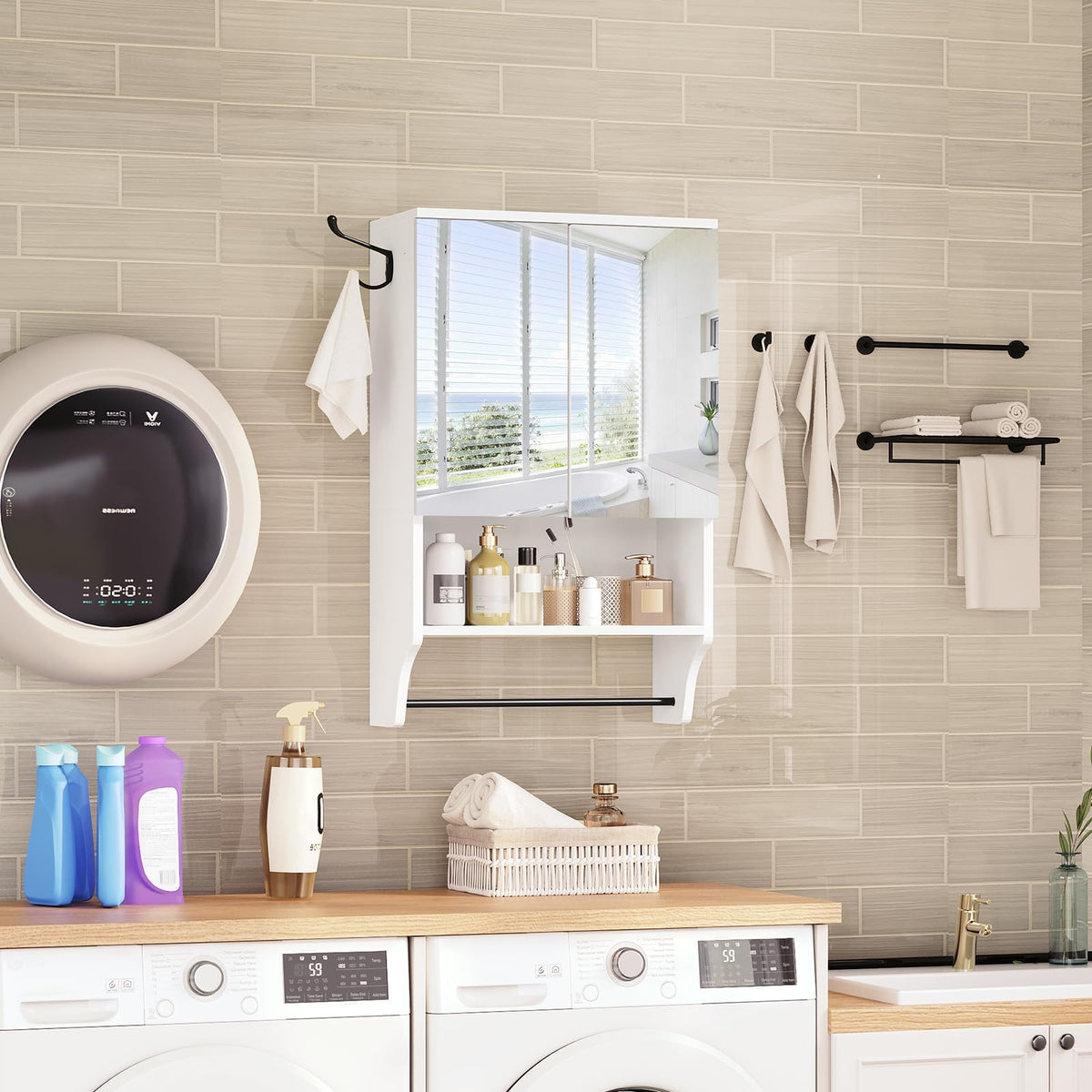 White Wall Mounted Bathroom Cabinet with Mirror and Adjustable Shelf Z7366