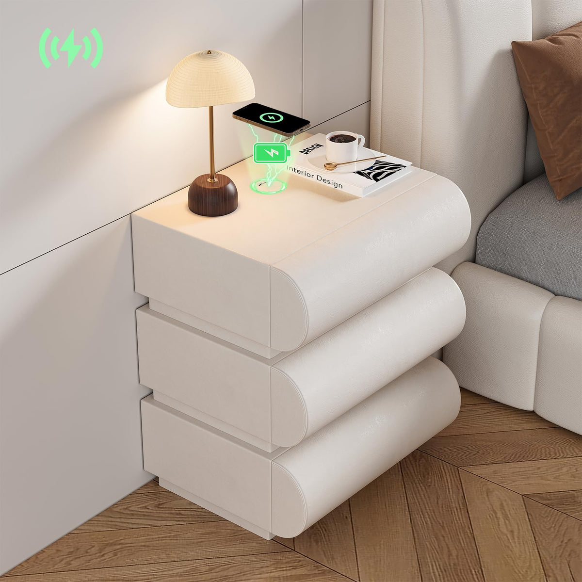 Off White Faux Leather 3 Drawer Nightstand Z2088
