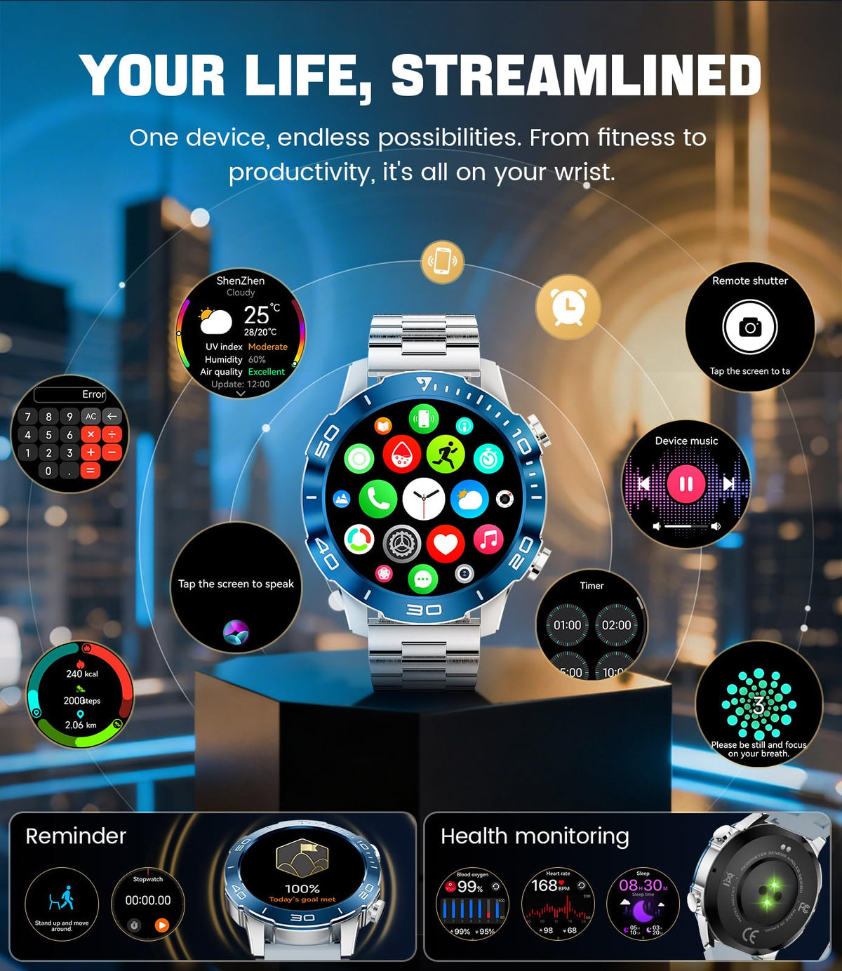 Smart Watch with Heart Rate SpO2 Sleep Monitor IP68 Waterproof Silver Blue 40mm J9107