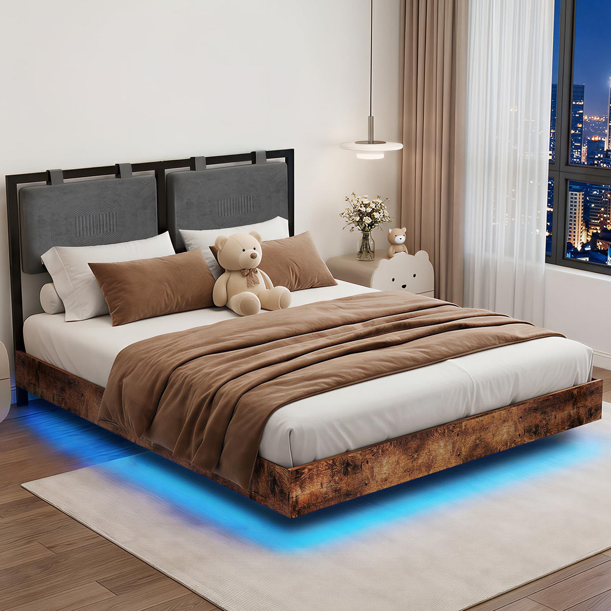Full Size Floating Bed Frame with LED Lights and Adjustable Headboard V799021