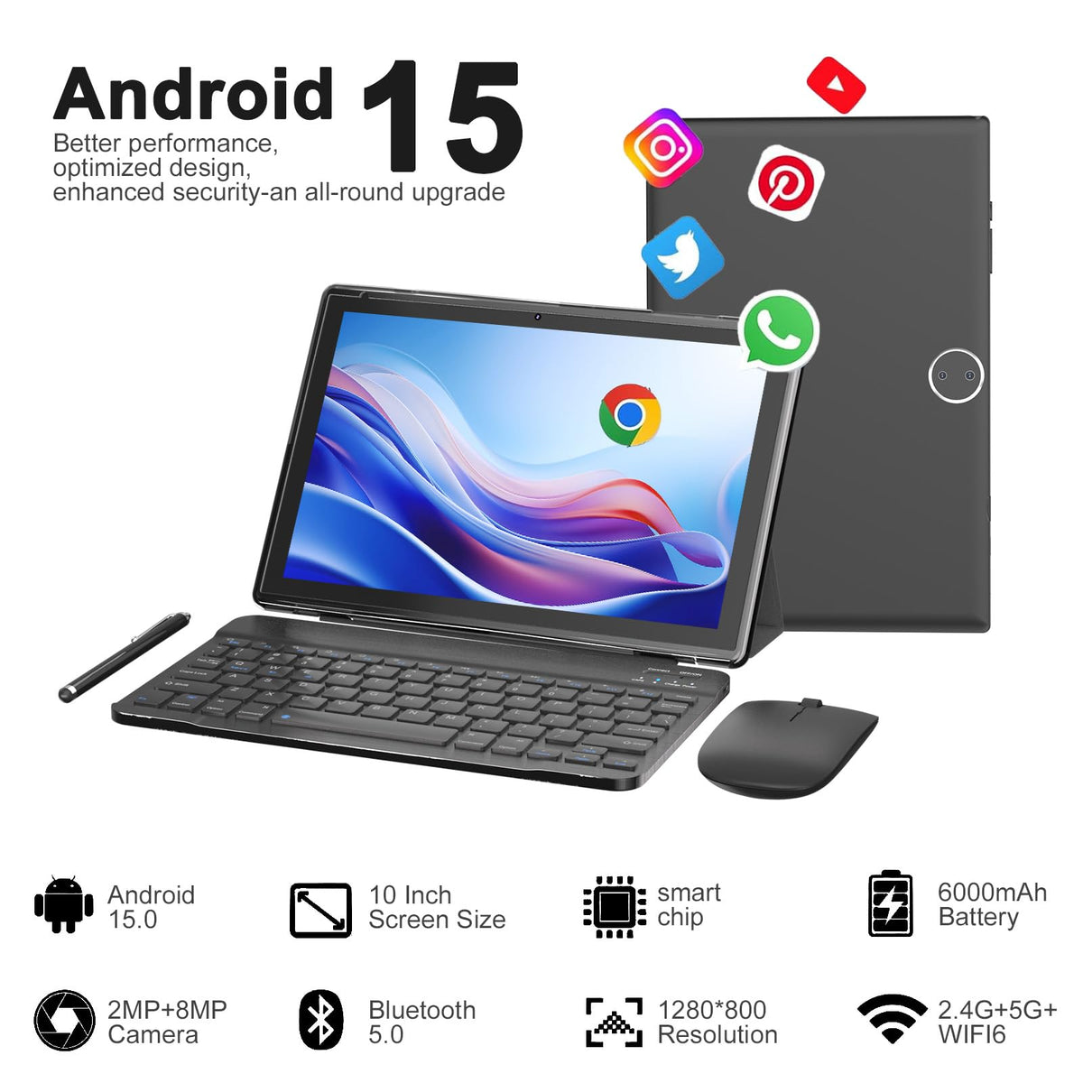 Android 14 2 in 1 Tablet with Keyboard 10 inch 8GB+64GB Black H401325