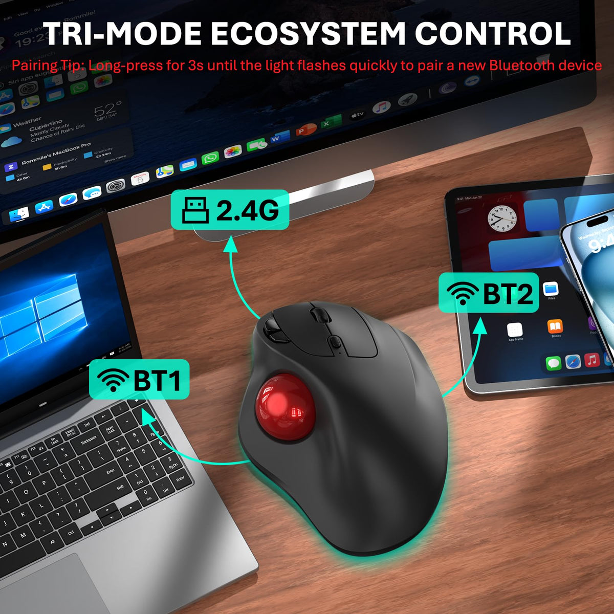 Wireless Trackball Mouse, Ergonomic with 30° Tilt, 5 DPI, Red A848639