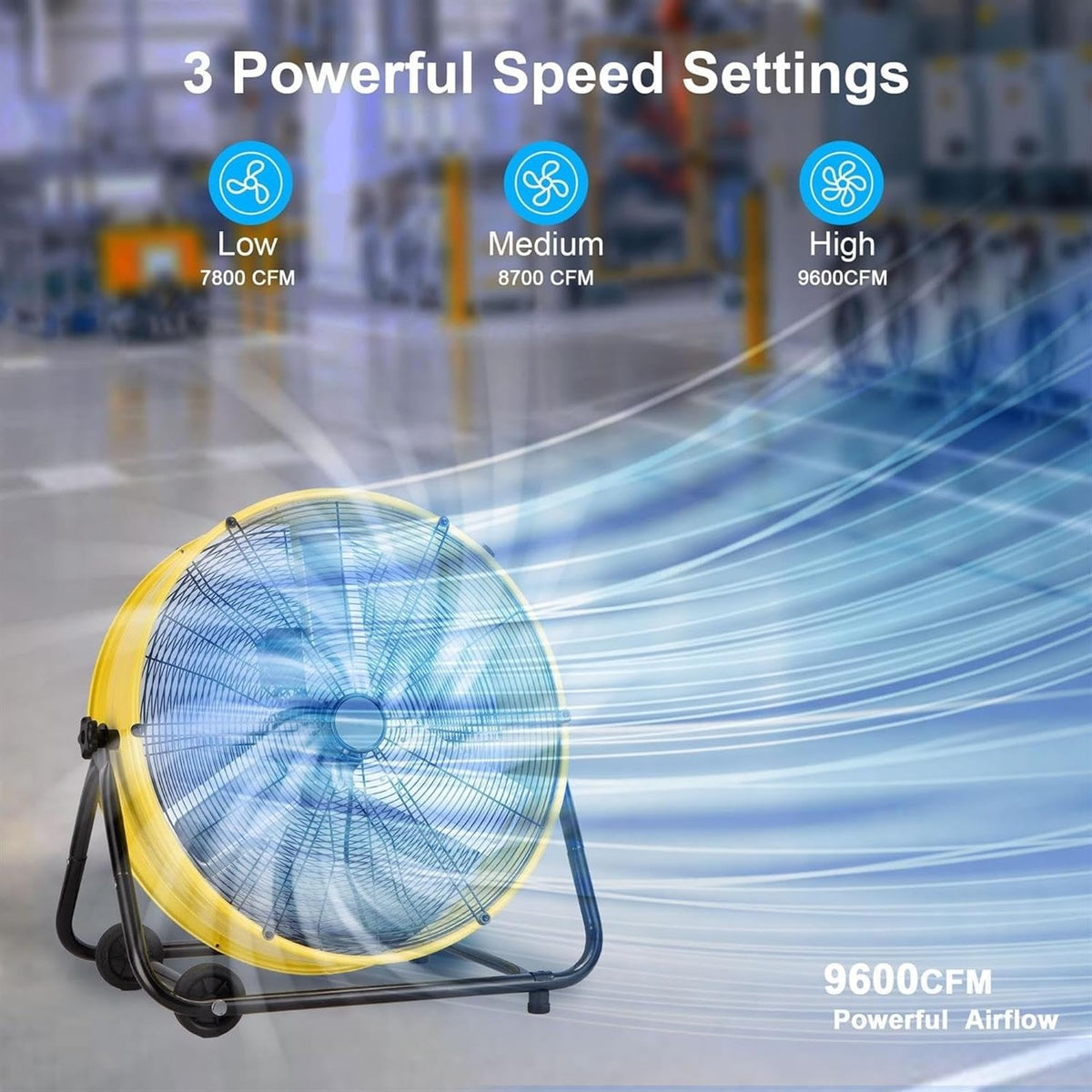 Heavy Duty Floor Drum Fan 3-Speed 360° Tilt Metal L128