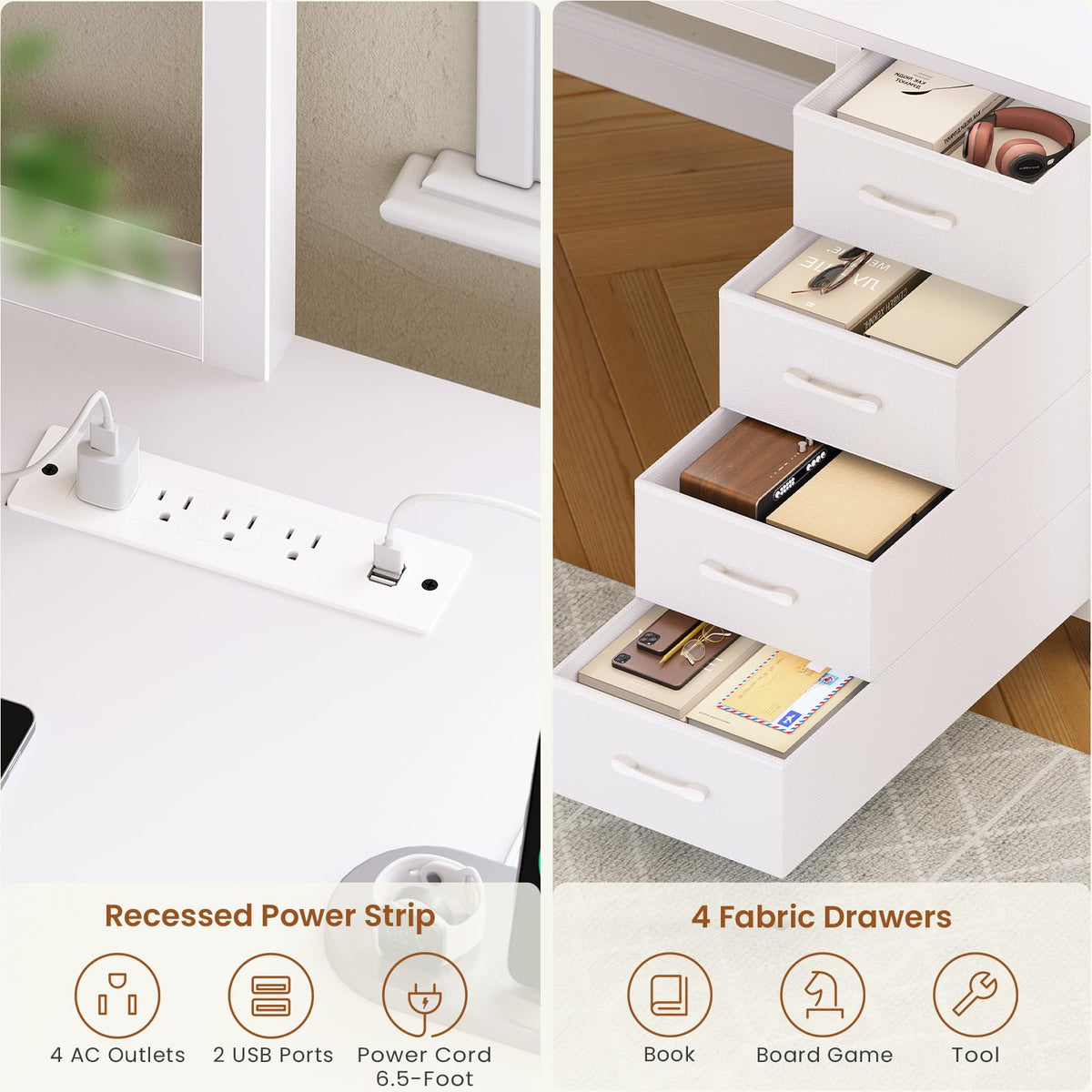 L Shaped Corner Desk with 4 Drawer, Power Outlet & LED Lights, White U540