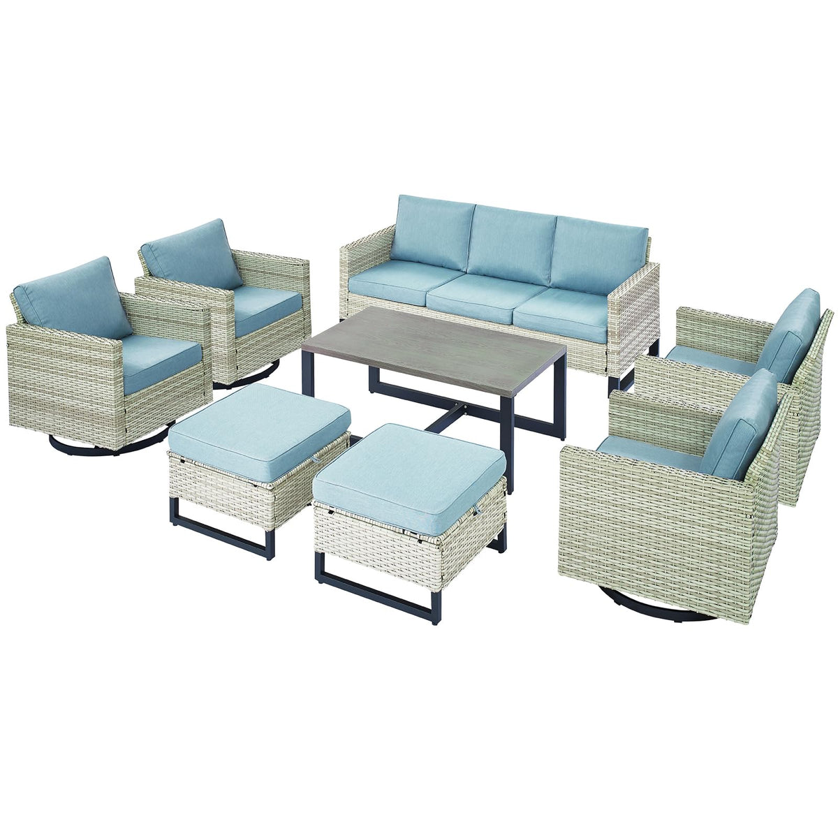 8 Piece Wicker Patio Conversation Set with Swivel Rocker Chairs E4884