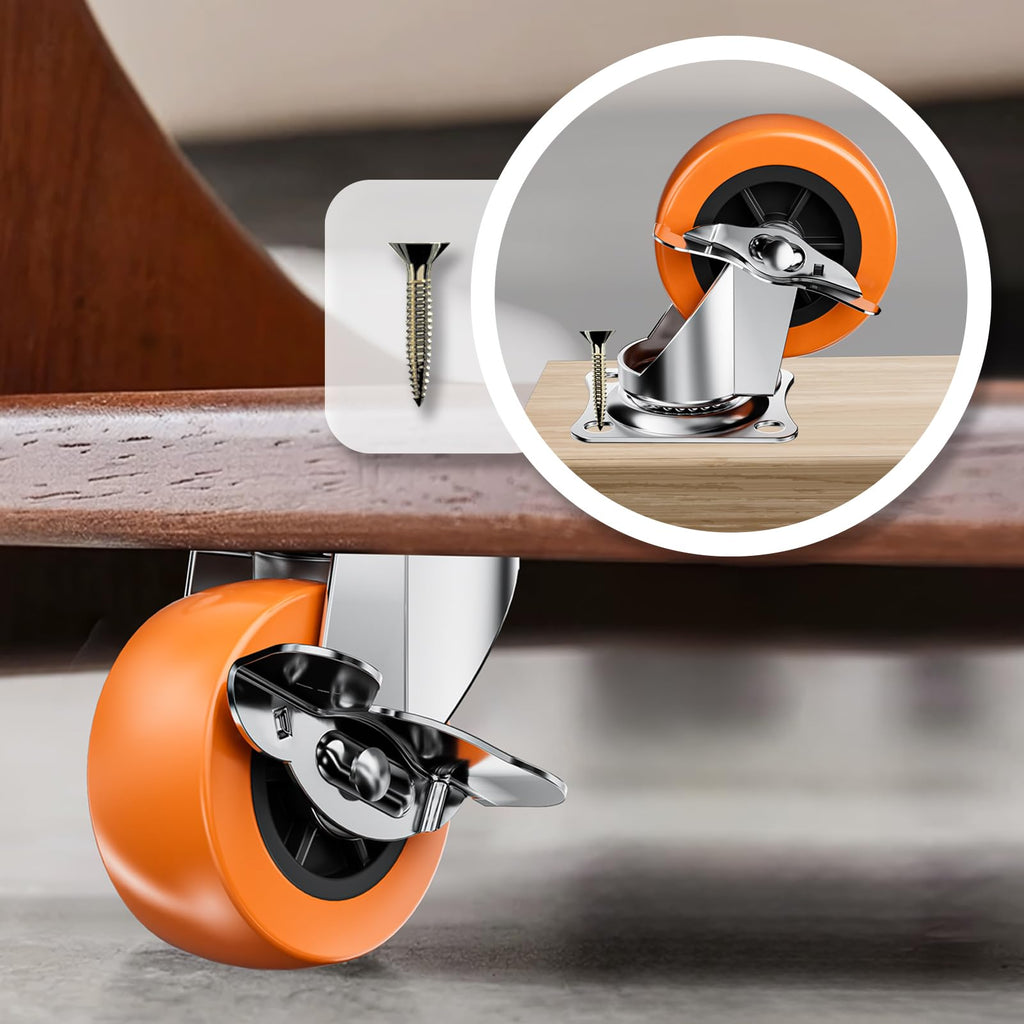 2" Plate Casters with Brake, 8 Pack PU Swivel Wheels W86625