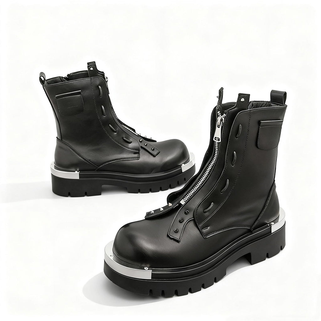 Men'S Leather Chunky Heel Motorcycle Boots With Front Zipper Round Toe Non-Slip Lug Sole Platform Ankle Boots V58598