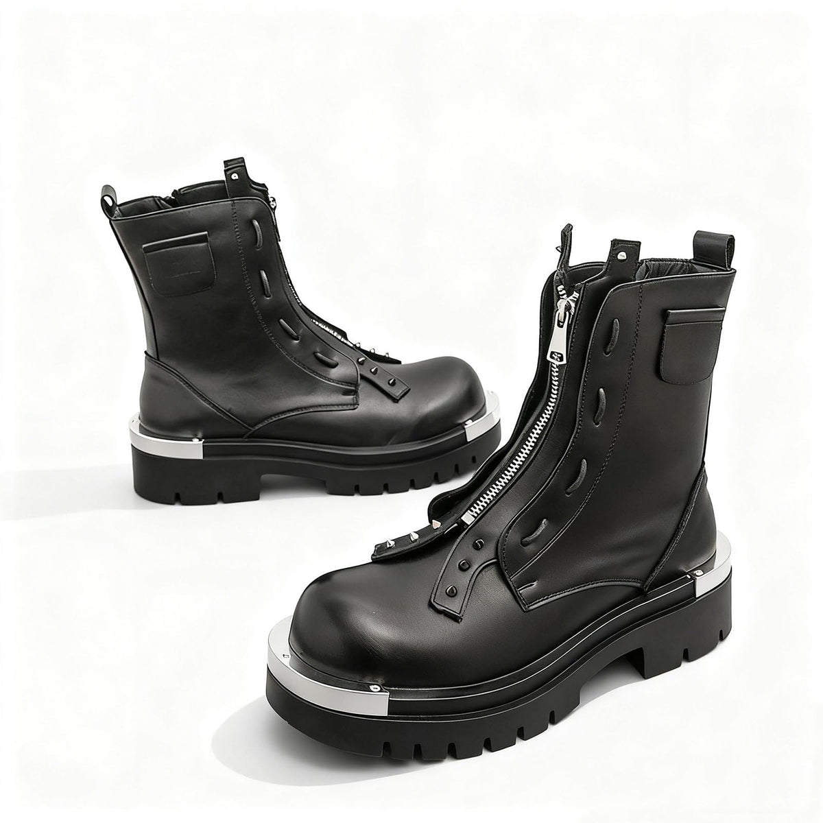 Men'S Leather Chunky Heel Motorcycle Boots With Front Zipper Round Toe Non-Slip Lug Sole Platform Ankle Boots V58598