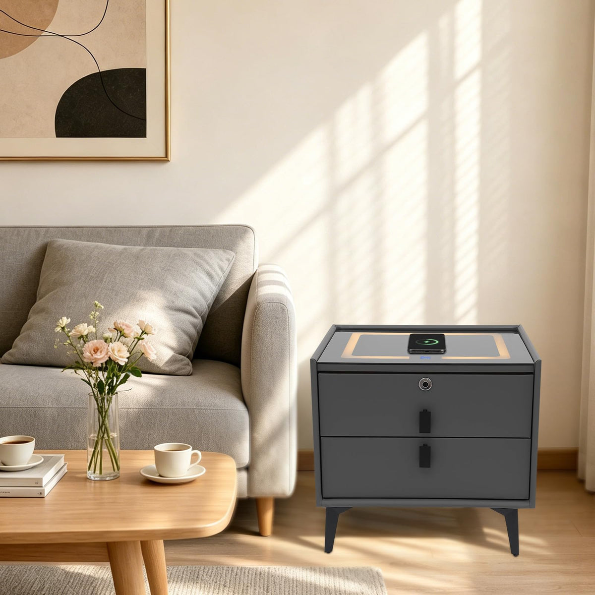 Smart Nightstand with Fingerprint Lock, Wireless Charging & 2-Drawer E6254