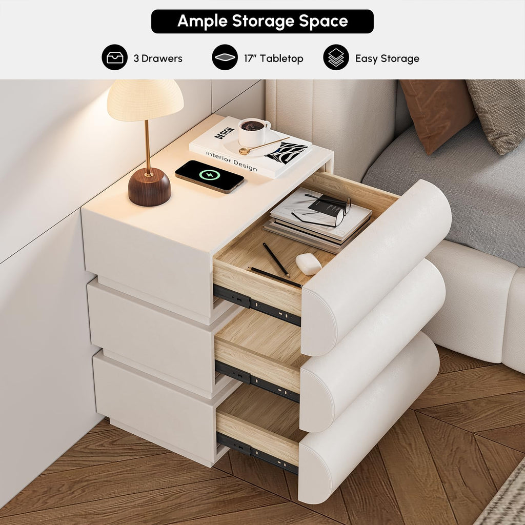 Off White Faux Leather 3 Drawer Nightstand Z2088