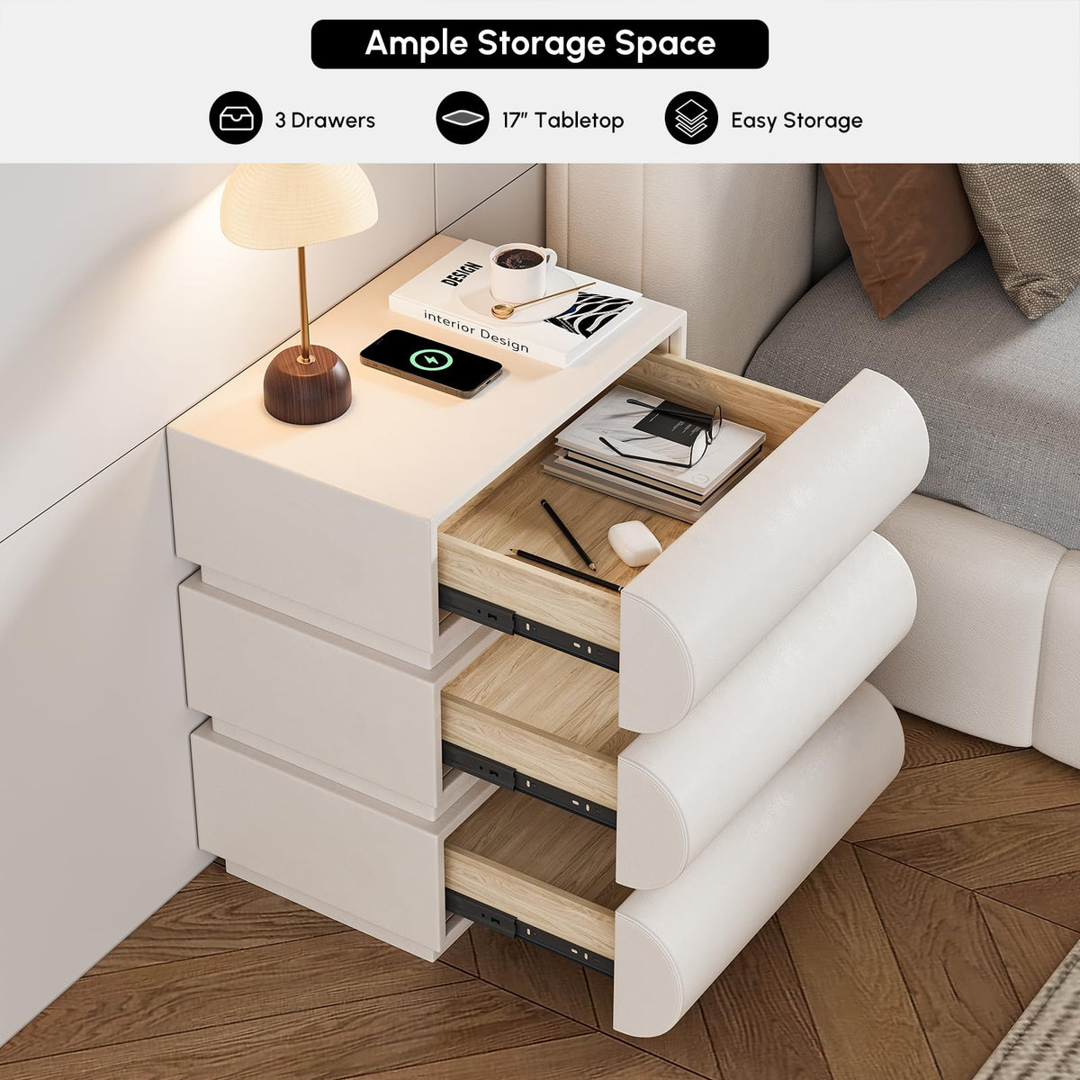 Off White Faux Leather 3 Drawer Nightstand Z2088