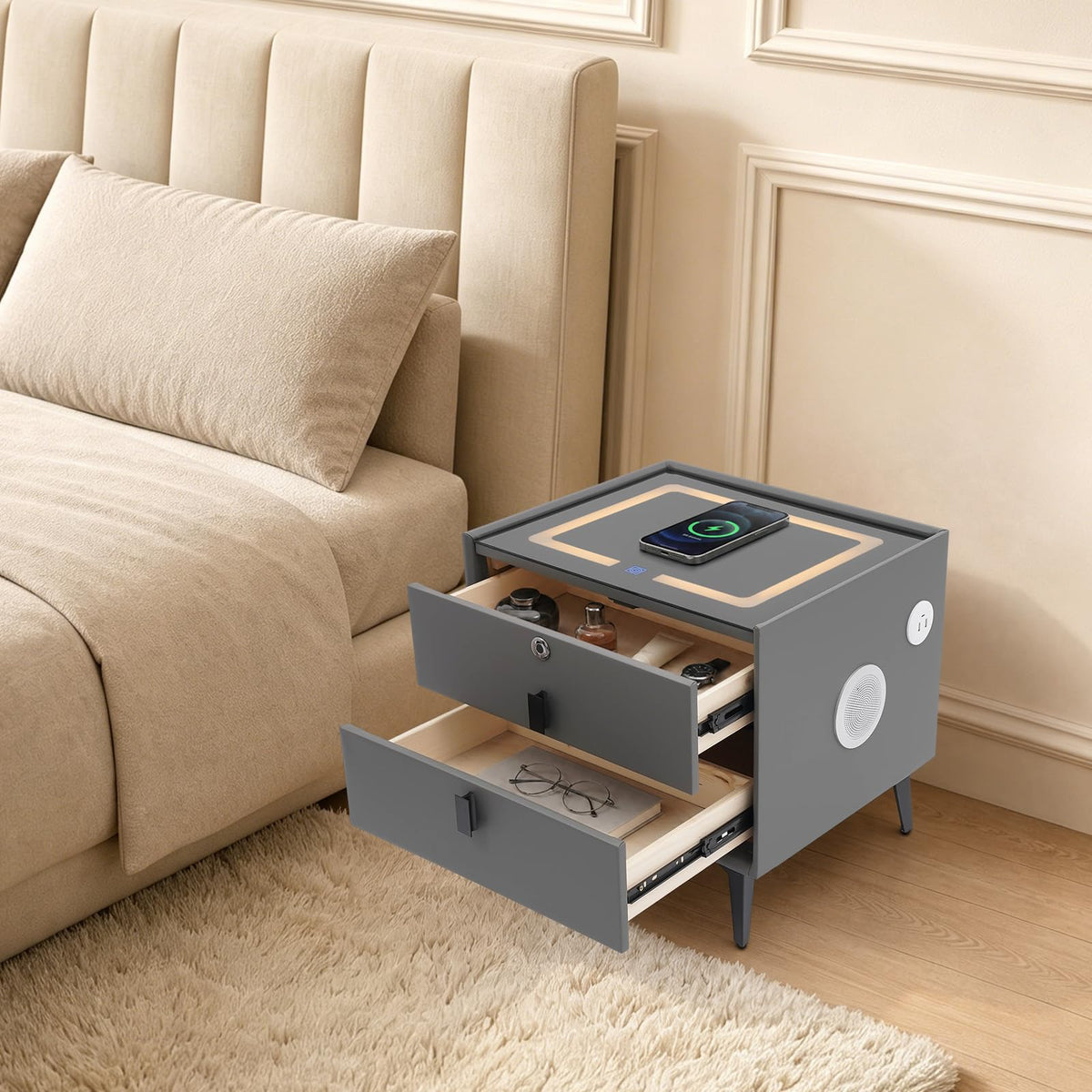 Smart Nightstand with Fingerprint Lock, Wireless Charging & 2-Drawer E6254