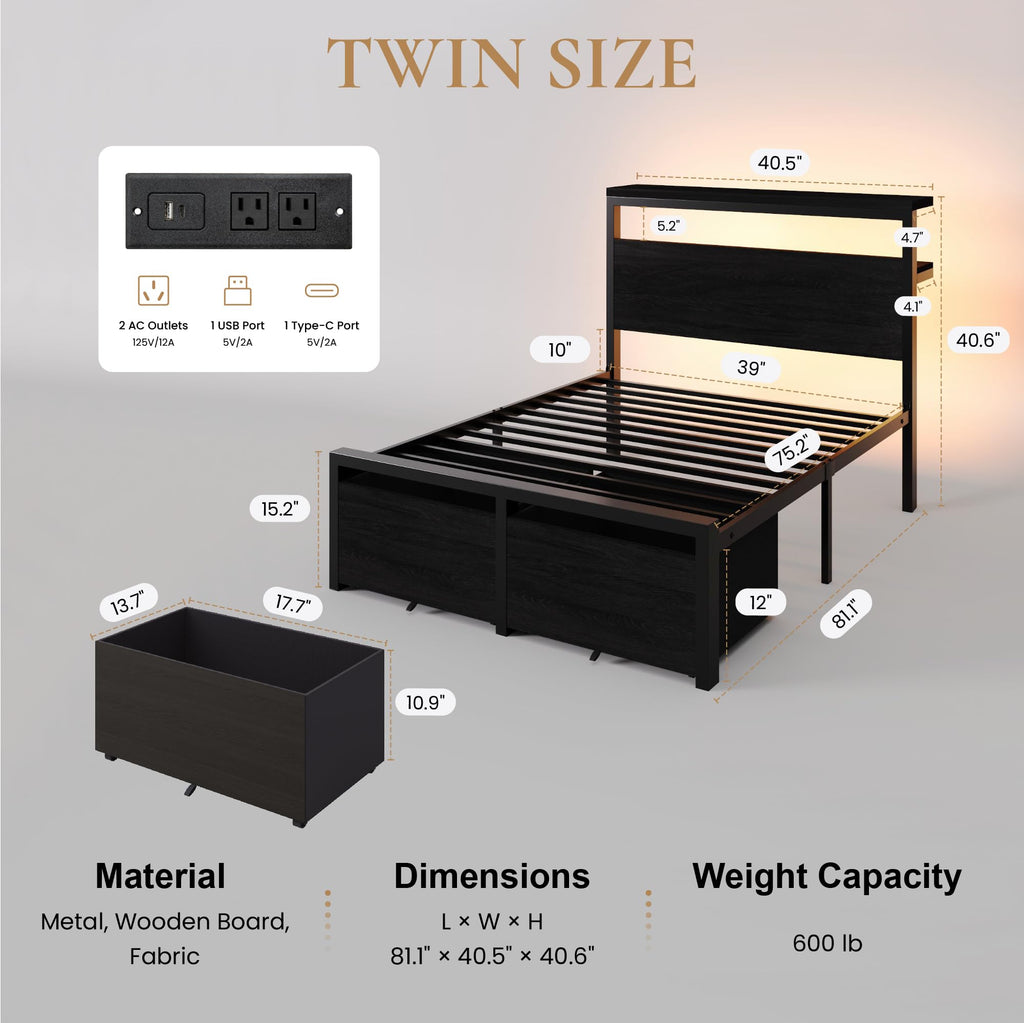 Twin LED Bed Frame with 2 Storage Drawers R697