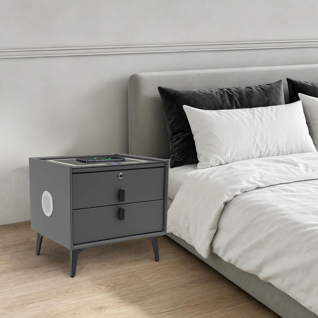 Smart Nightstand with Fingerprint Lock, Wireless Charging & 2-Drawer E6254