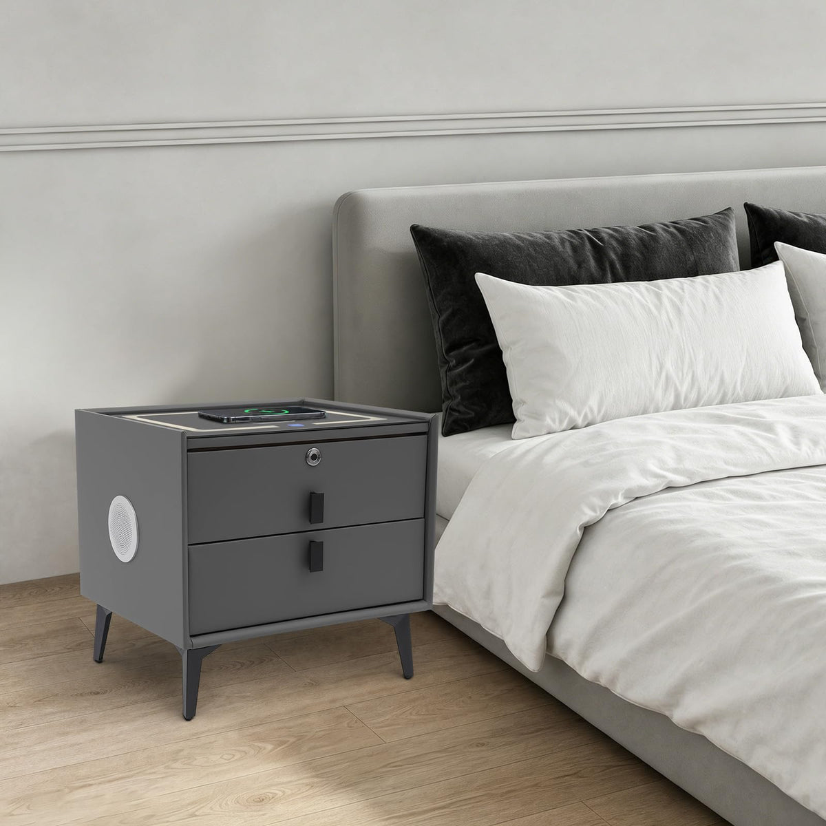 Smart Nightstand with Fingerprint Lock, Wireless Charging & 2-Drawer E6254