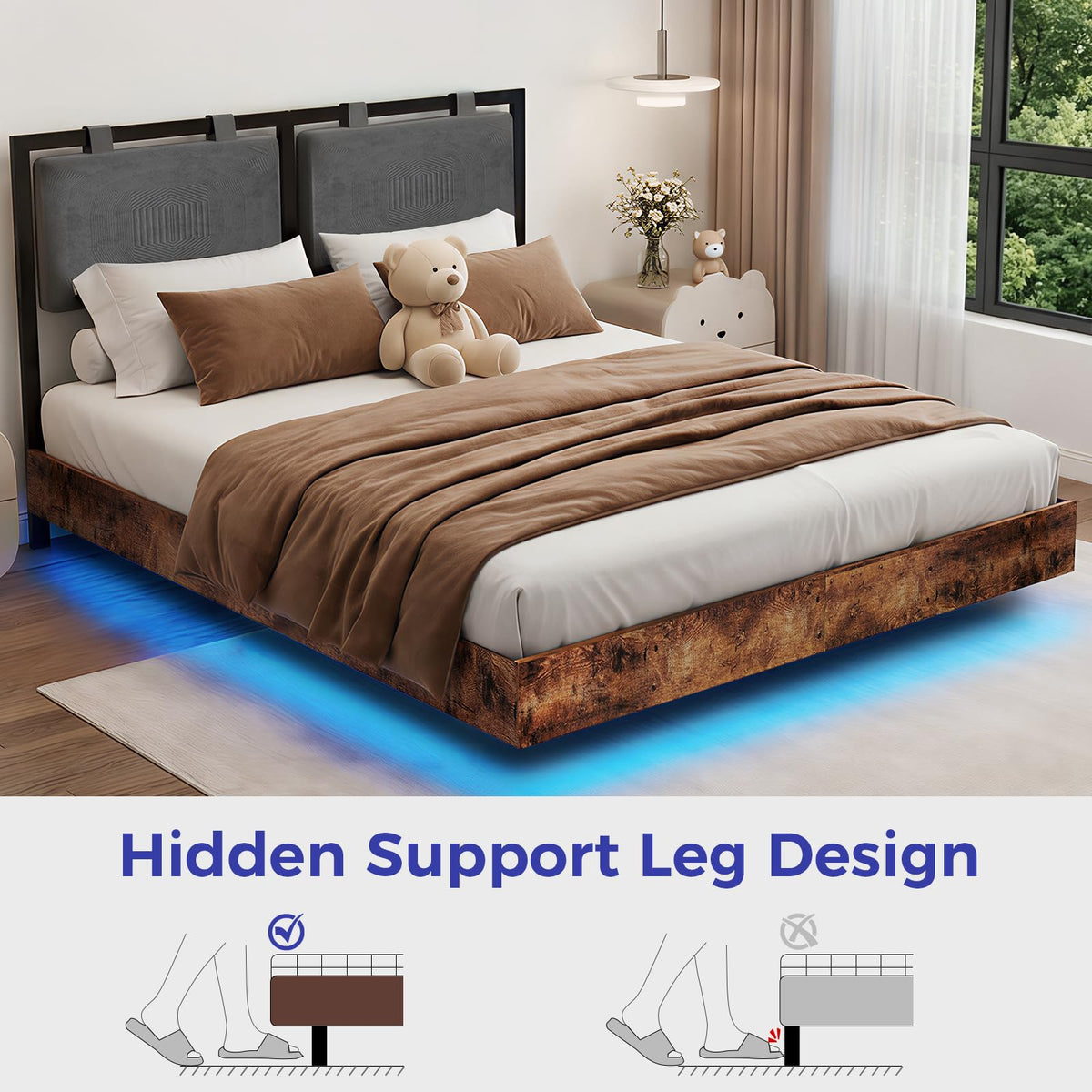 Full Size Floating Bed Frame with LED Lights and Adjustable Headboard V799021