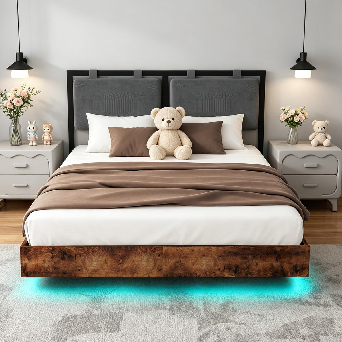 Full Size Floating Bed Frame with LED Lights and Adjustable Headboard V799021