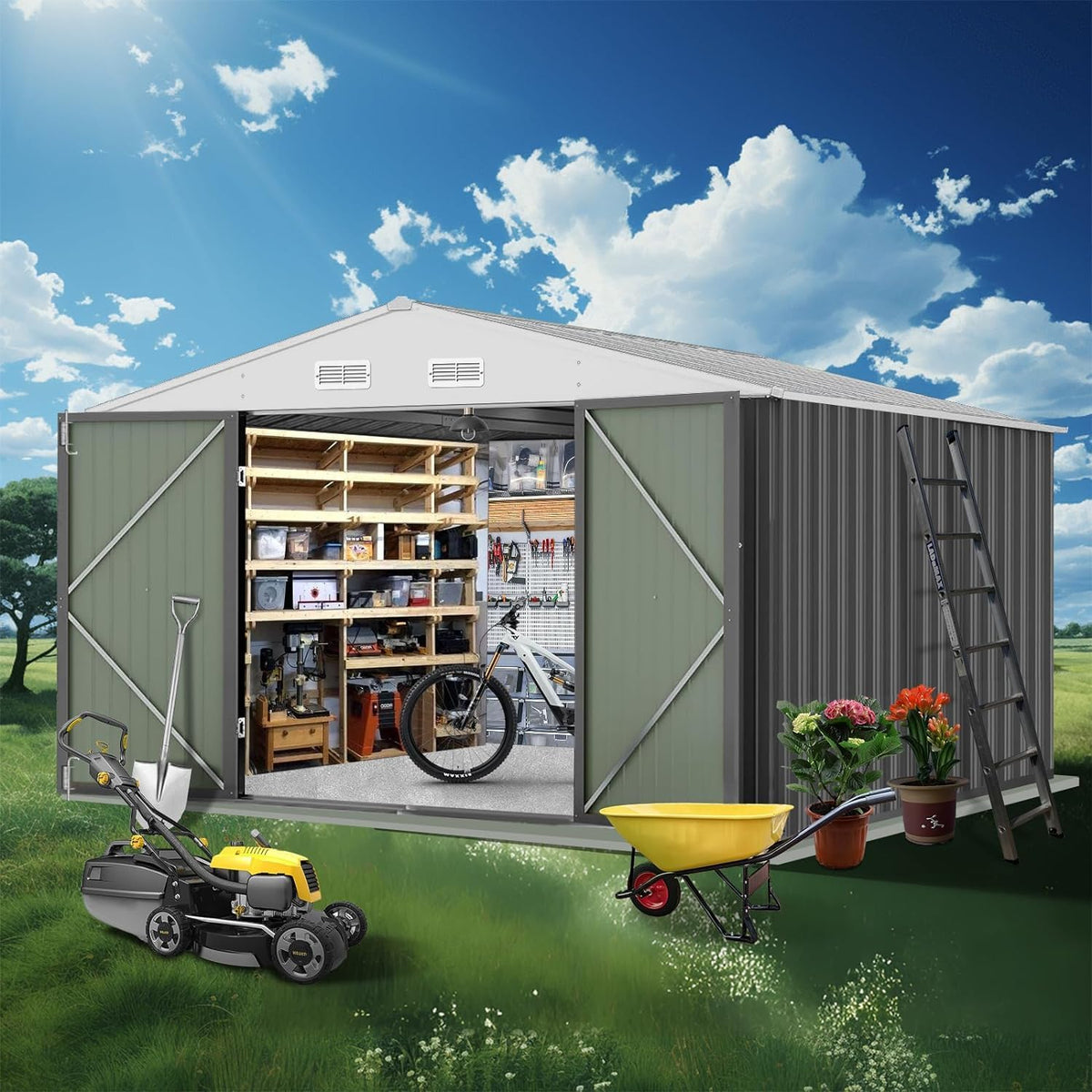 12X10FT Metal Storage Shed with Lockable Doors F186