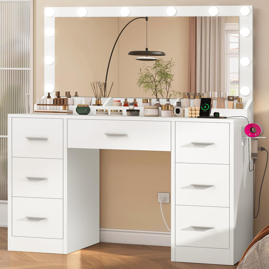 White Vanity Desk with 12 LED Lights and 7 Drawers K9359