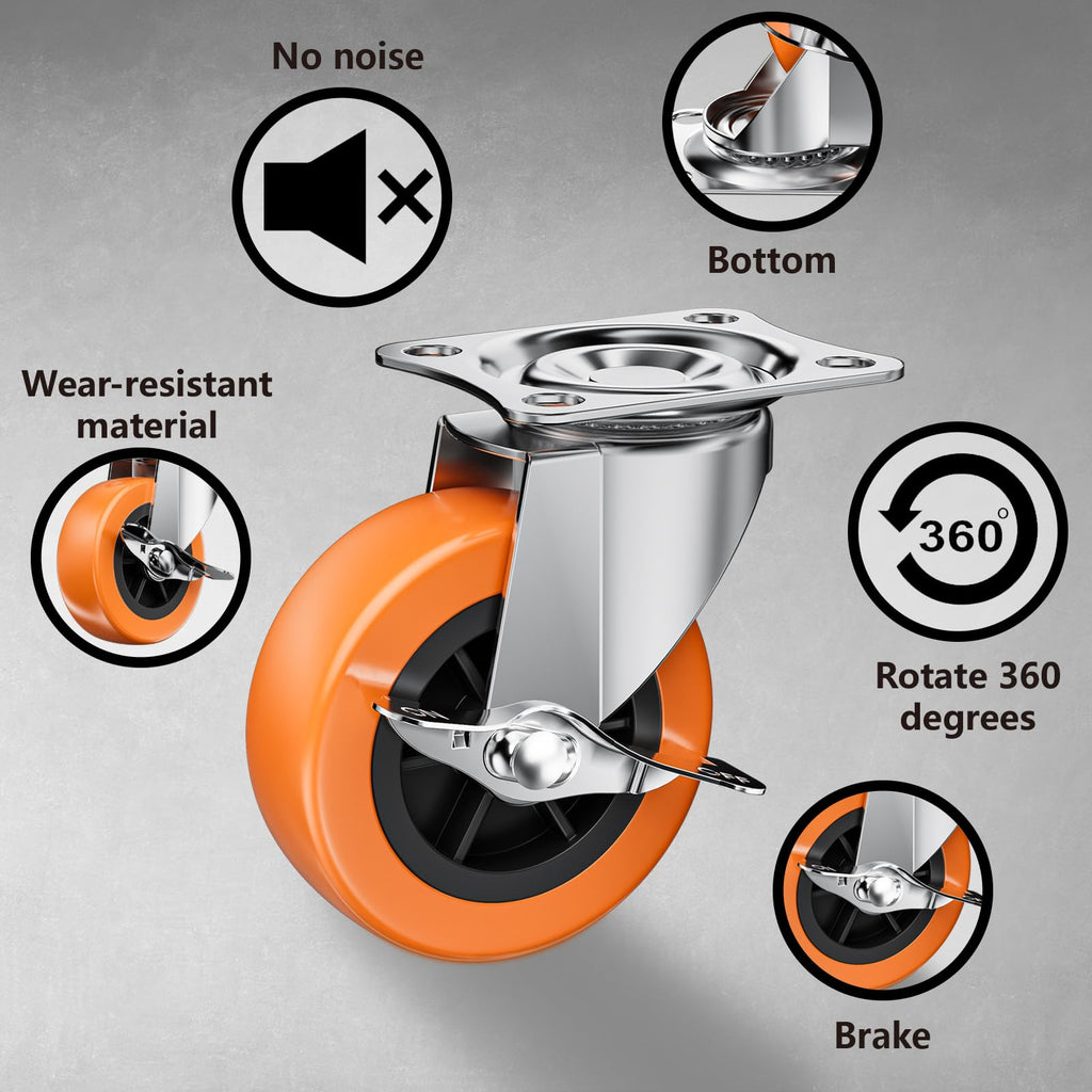 2" Plate Casters with Brake, 8 Pack PU Swivel Wheels W86625