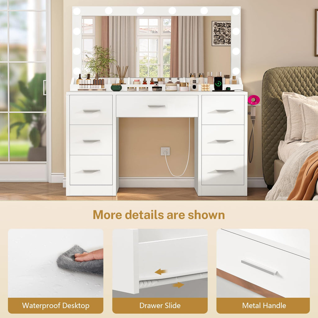 White Vanity Desk with 12 LED Lights and 7 Drawers K9359
