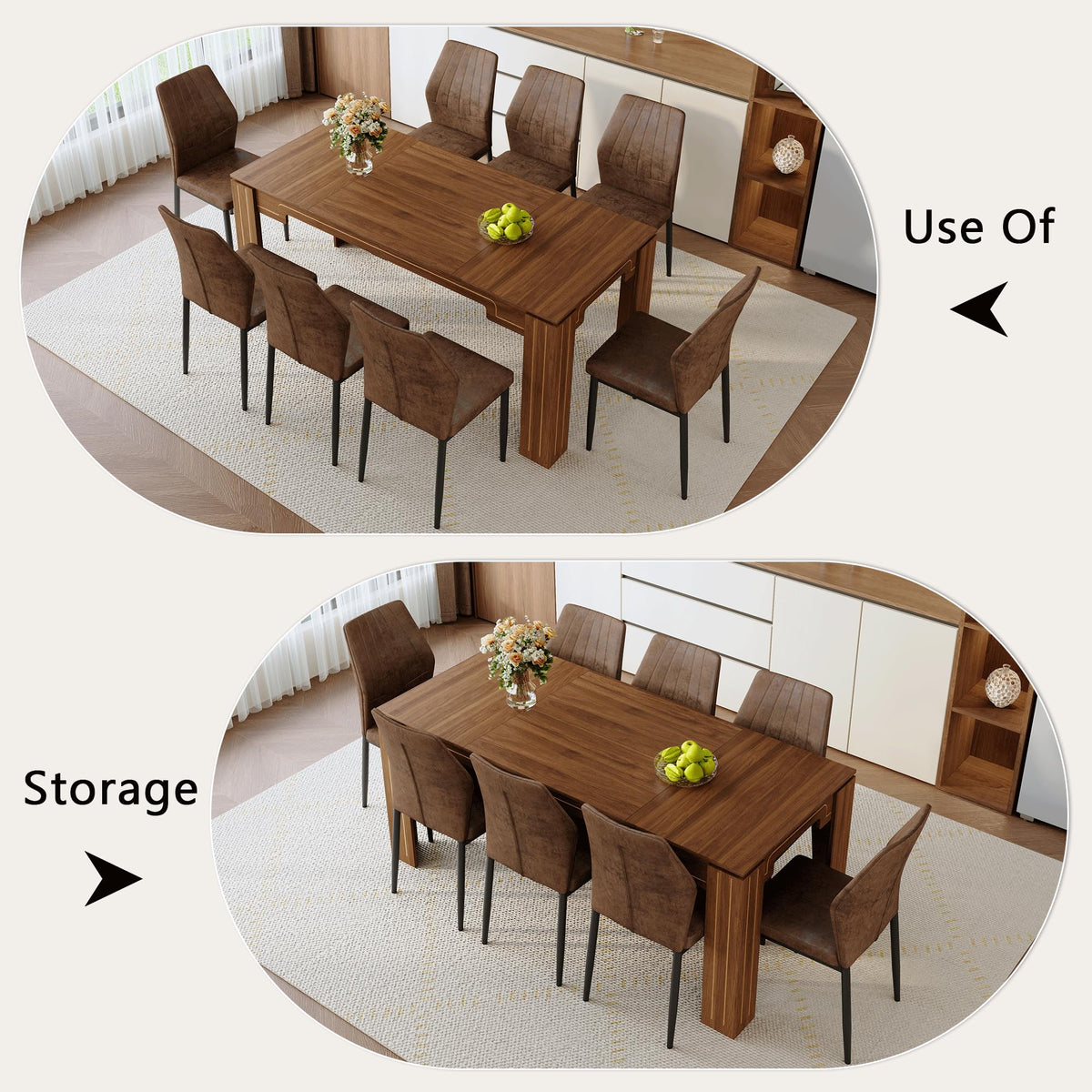 Walnut Dining Table Set with 8 Brown Fabric Chairs A327688