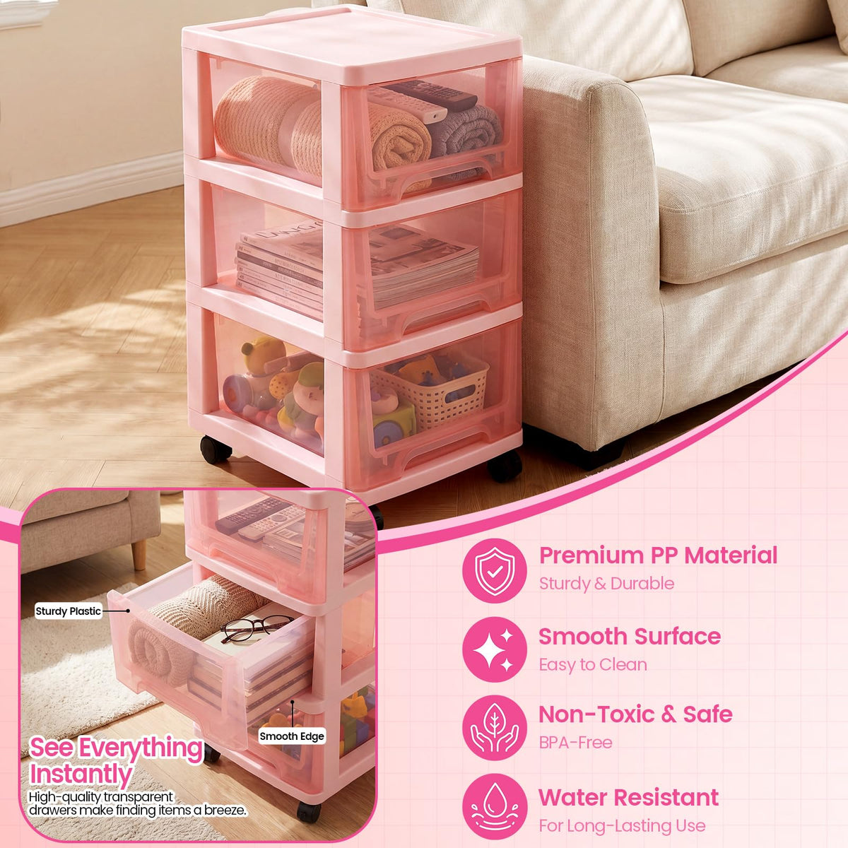 Pink 3-tier Plastic Storage Cart with Wheels W518159
