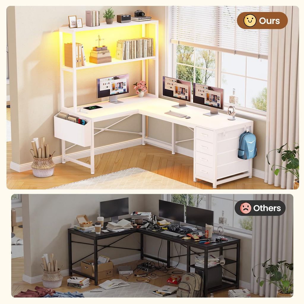 L Shaped Corner Desk with 4 Drawer, Power Outlet & LED Lights, White U540
