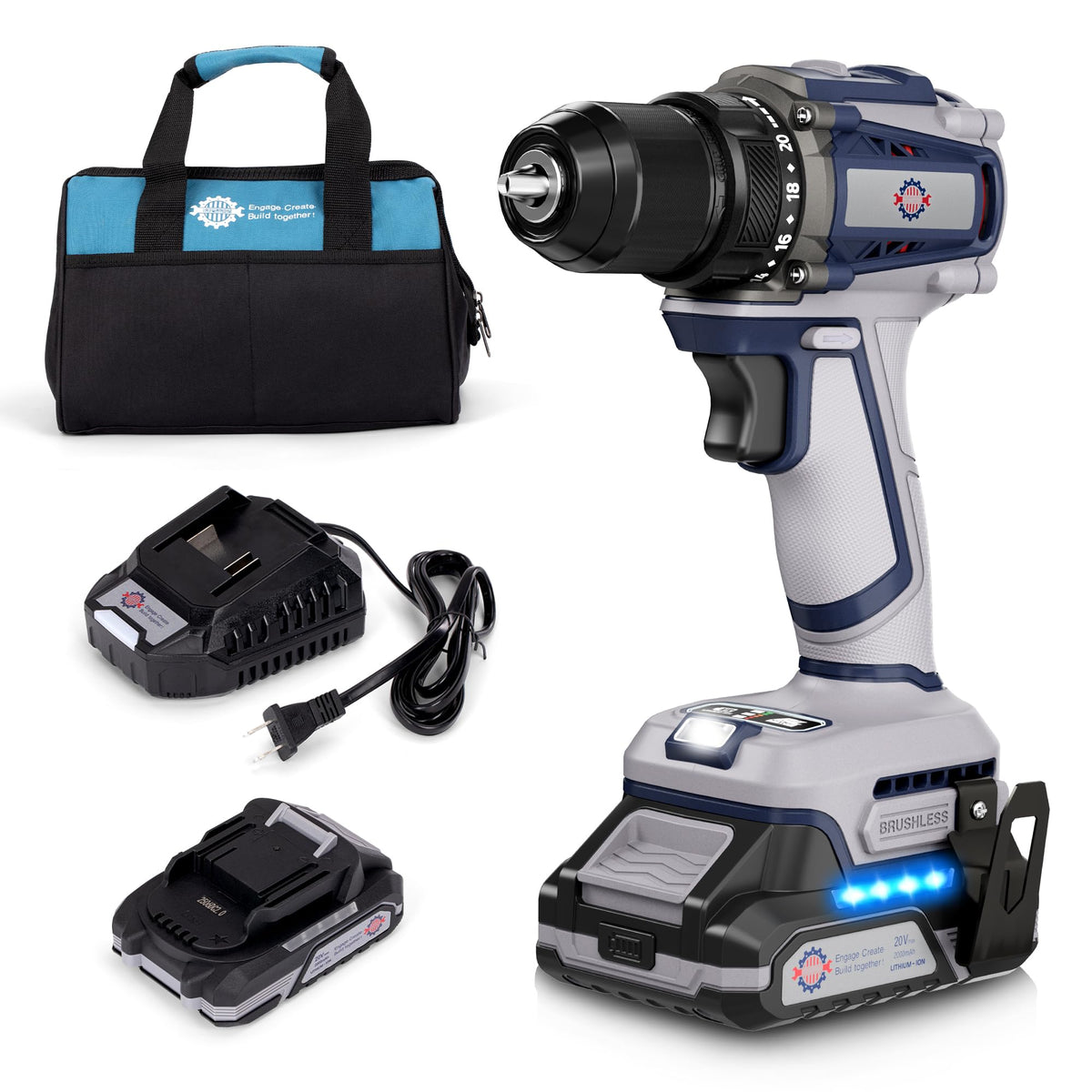 20V Cordless Brushless Power Drill with 2.0Ah Battery and Charger C3644