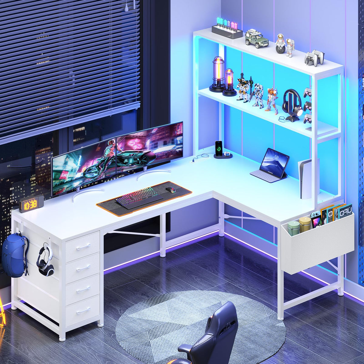 L Shaped Corner Desk with 4 Drawer, Power Outlet & LED Lights, White U540