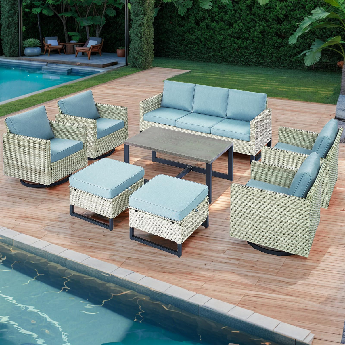 8 Piece Wicker Patio Conversation Set with Swivel Rocker Chairs E4884