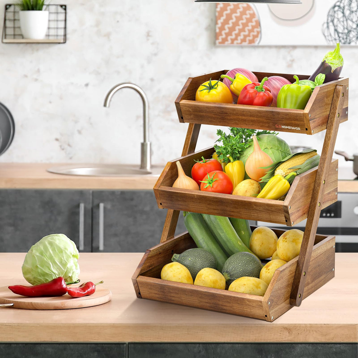 3-Tier Acacia Wood Fruit Basket S424