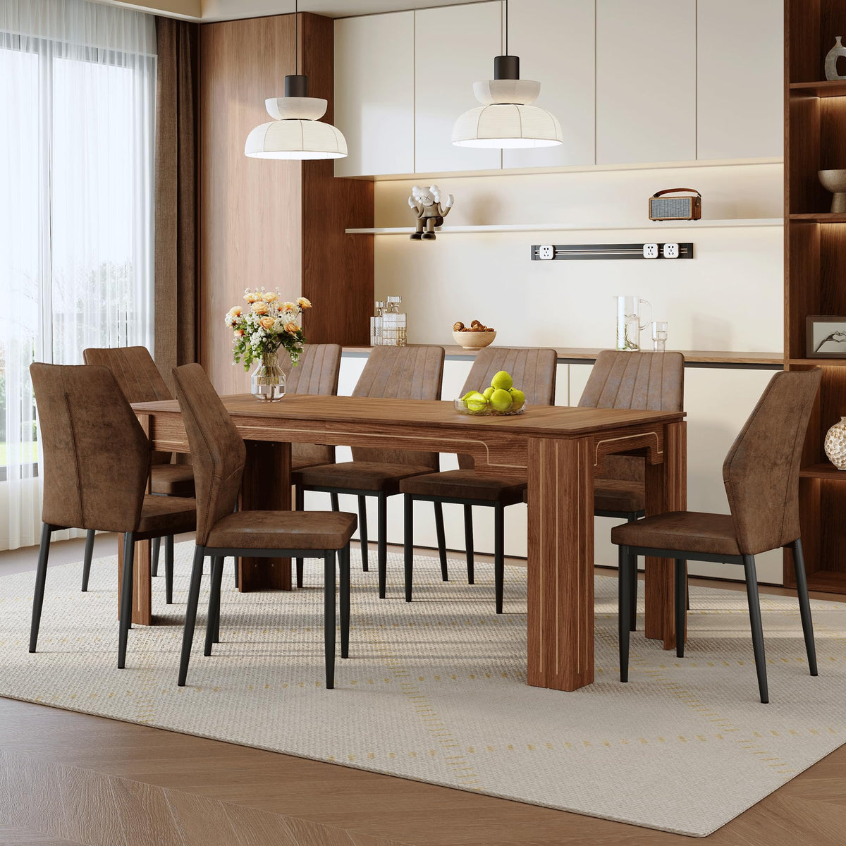Walnut Dining Table Set with 8 Brown Fabric Chairs A327688