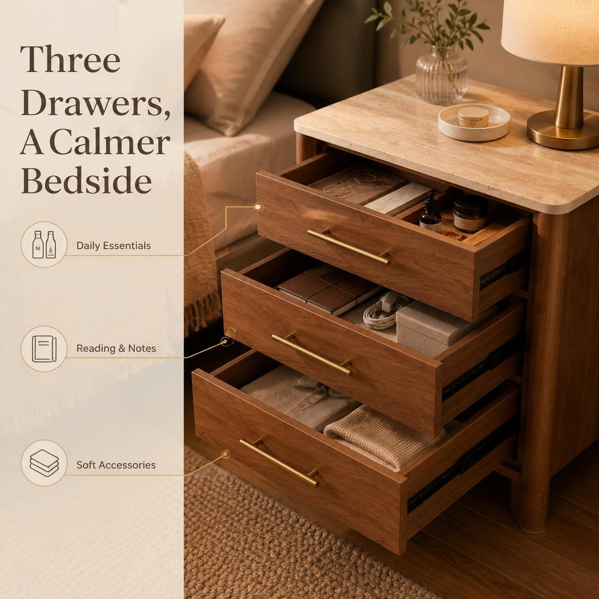 3 Drawer Marble Top Nightstand D919