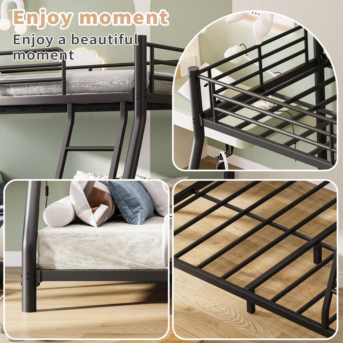 Twin Over Full Size Bunk Bed with Guardrail & Ladder A903083