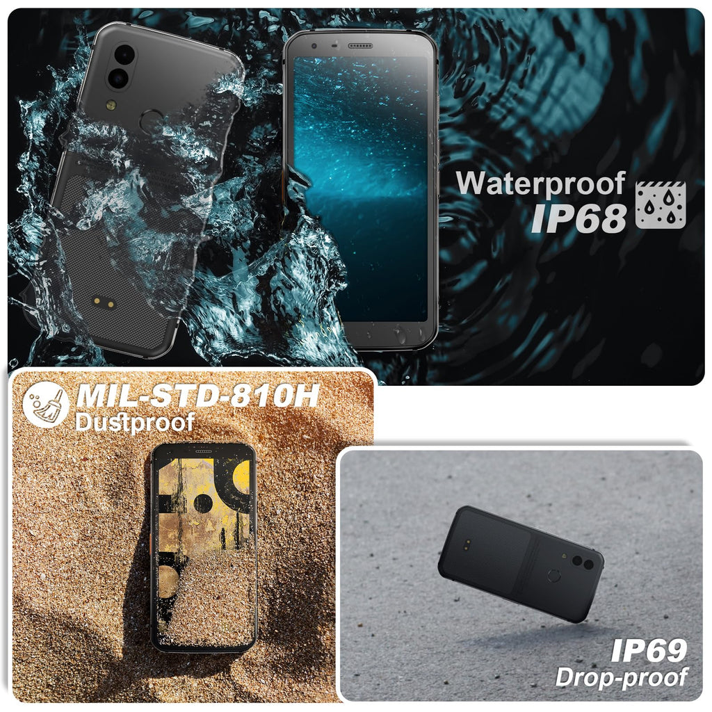 Unlocked Rugged Cell Phone 128GB IP68 Waterproof Android Smartphone Black U4287