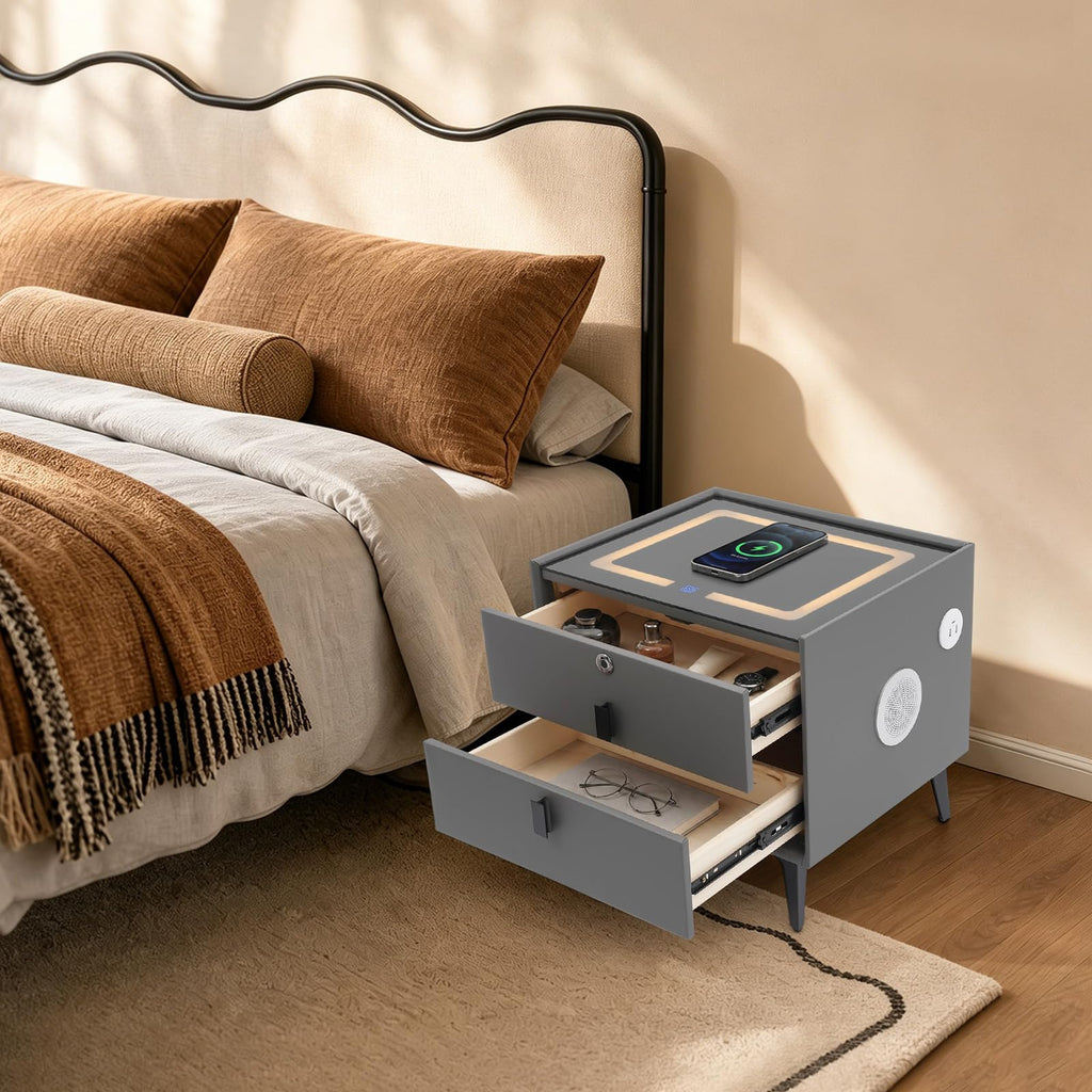 Smart Nightstand with Fingerprint Lock, Wireless Charging & 2-Drawer E6254
