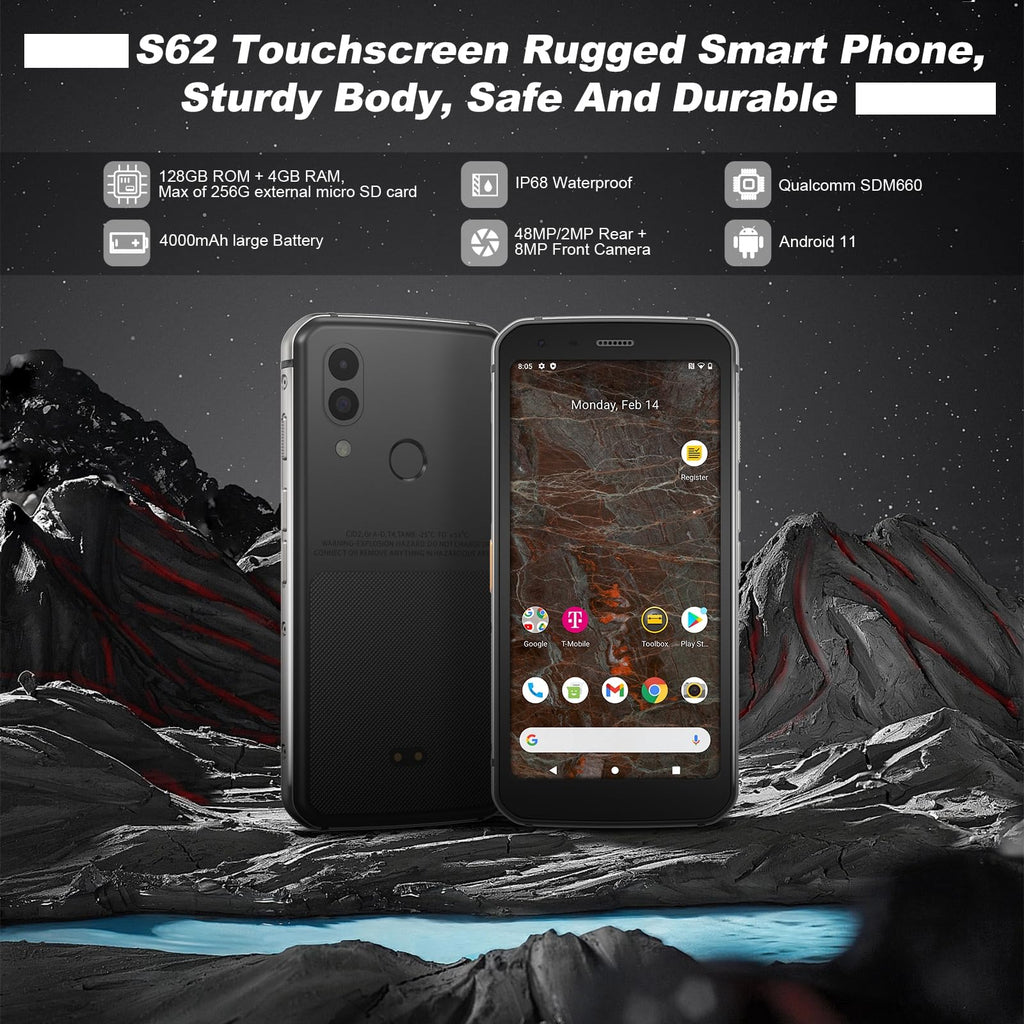 Unlocked Rugged Cell Phone 128GB IP68 Waterproof Android Smartphone Black U4287