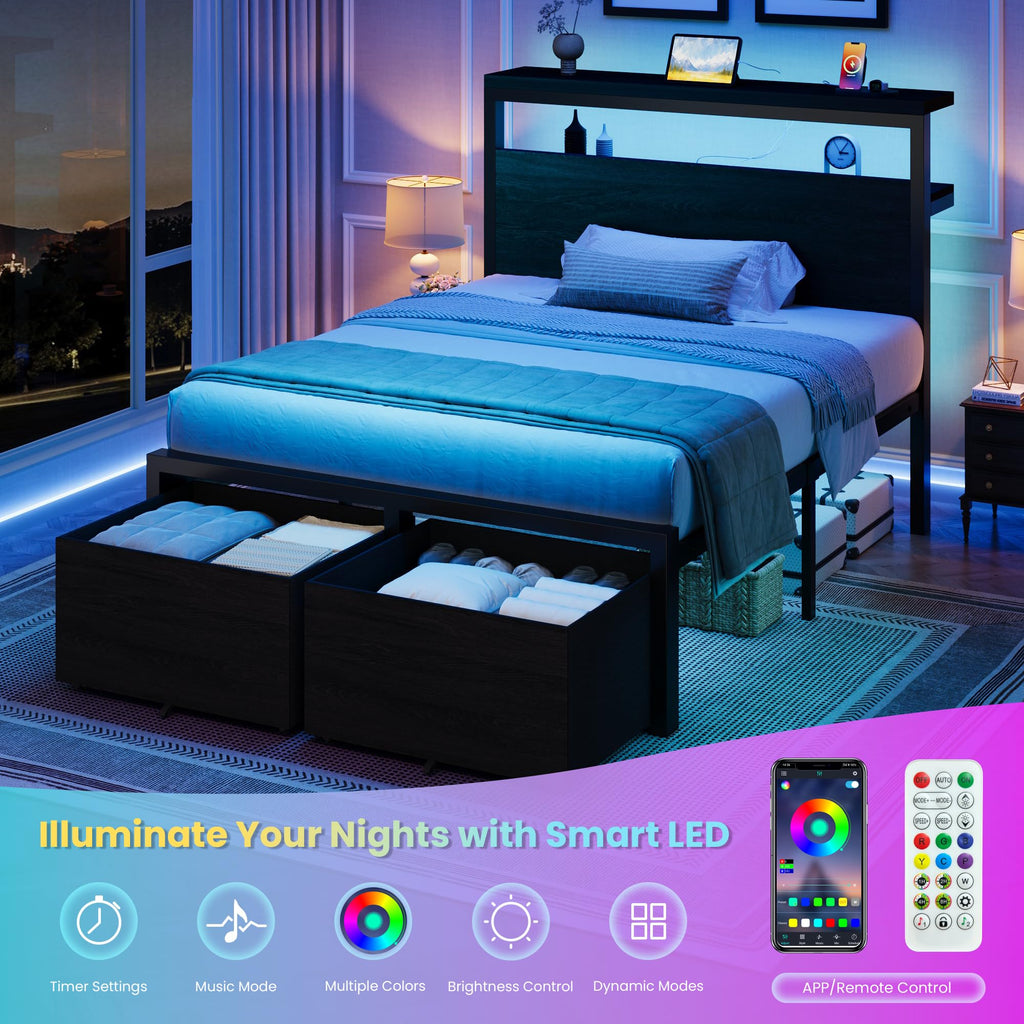 Twin LED Bed Frame with 2 Storage Drawers R697