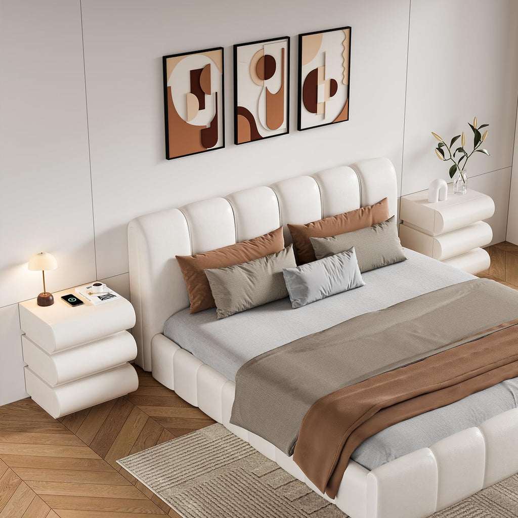Off White Faux Leather 3 Drawer Nightstand Z2088