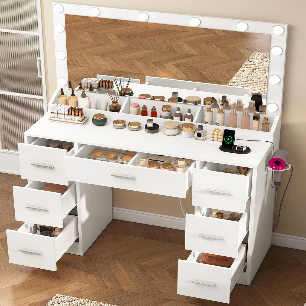 White Vanity Desk with 12 LED Lights and 7 Drawers K9359