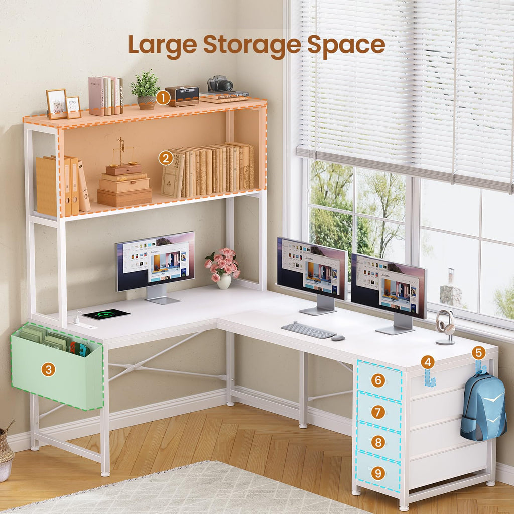 L Shaped Corner Desk with 4 Drawer, Power Outlet & LED Lights, White U540