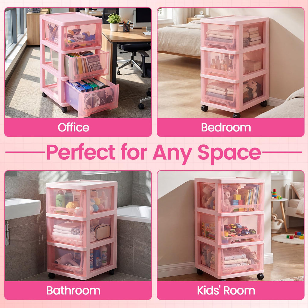 Pink 3-tier Plastic Storage Cart with Wheels W518159